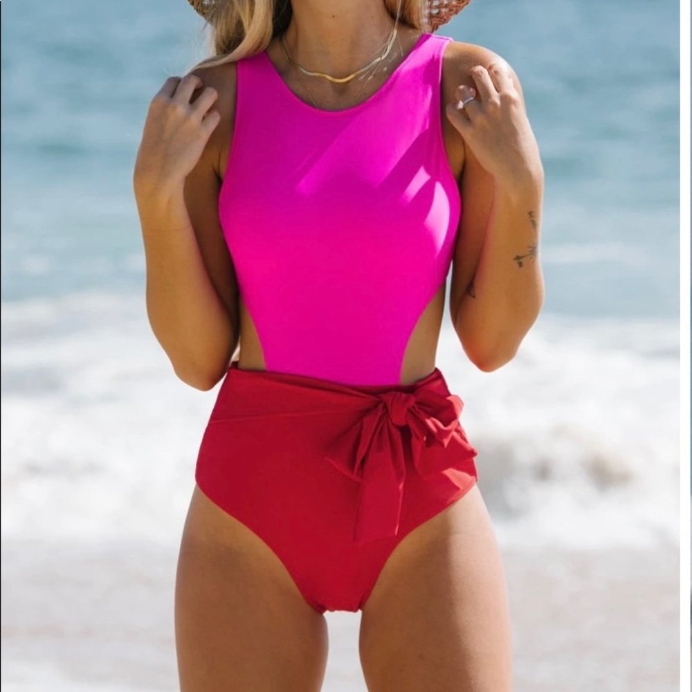 Popvil Waist Cutout Rose Red One-piece Swimsuit